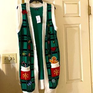 Festive long vest sweater!  Pockets. Comfy.